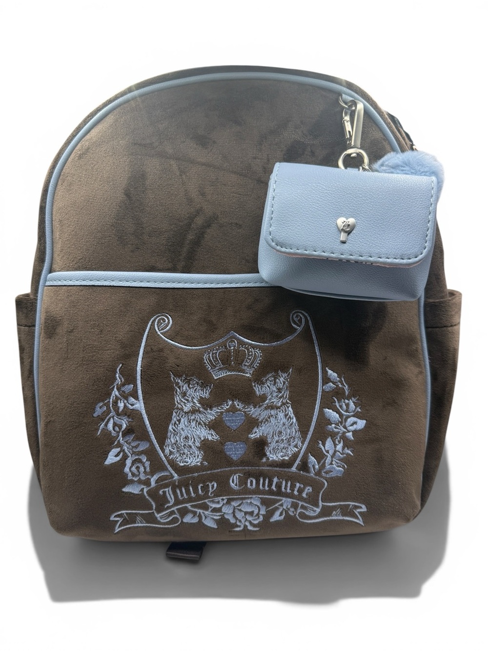 Juicy Couture Brown Backpack with Light Blue Trim and Pouch
